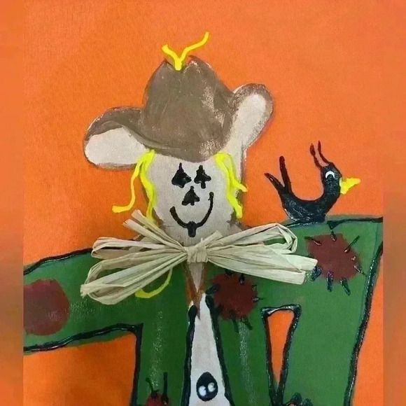 Vintage Shane Lee Inc Rare Scarecrow Orange Fall Shirt Size Small Feathers Paint - Picture 4 of 8